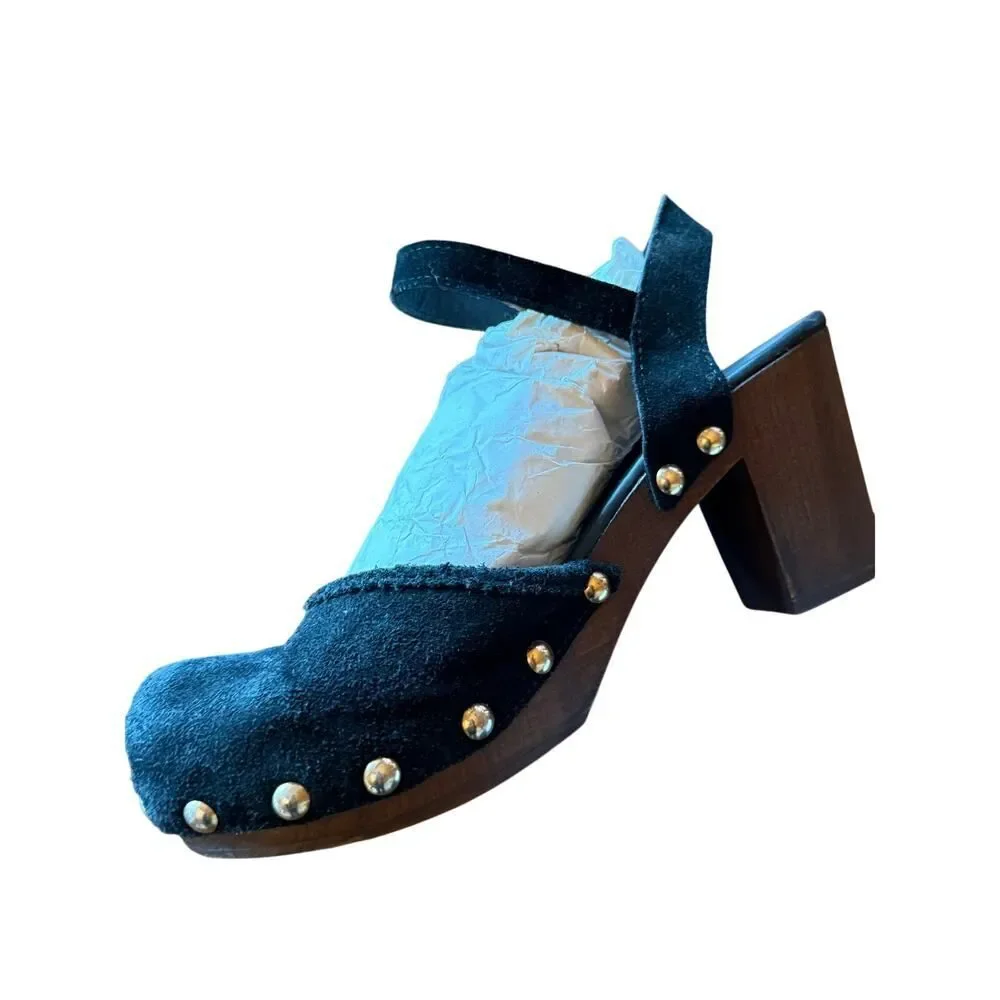 Alpe Woman Black Suede Studded Ankle Strap Block Heel Platforms Women's Size 7.5